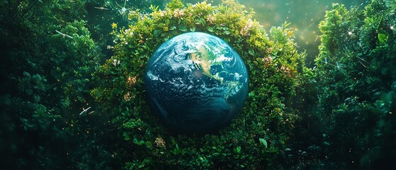 Planet Earth surrounded by lush greenery and renewable energy icons, representing ecofriendly corporate responsibility and a sustainable future