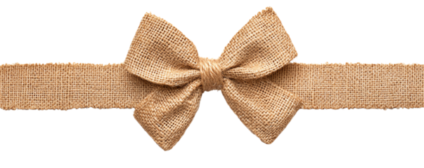 Burlap bow on a textured ribbon, elegant design, white isolate background.