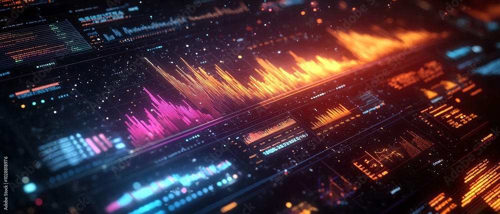 Leinwandbilder Advanced financial dashboard featuring floating holographic charts and graphs, glowing data streams against a dark space background, global economics visualization