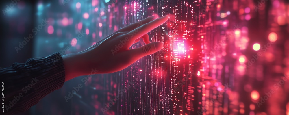 Leinwandbilder Data visualization in a hightech environment, with hands controlling a holographic interface, glowing nodes representing advanced AI and machine learning