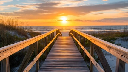 Fototapeta premium A wooden boardwalk leading to the beach, sunset, yellow and orange tones, golden hour