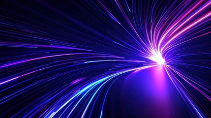 Obraz premium Panoramic view of high-speed technology, featuring a light-filled abstract background. The image captures speed motion on a road, highlighted by blue and purple neon glow effects