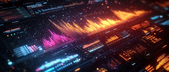 Fototapeta premium Advanced financial dashboard featuring floating holographic charts and graphs, glowing data streams against a dark space background, global economics visualization