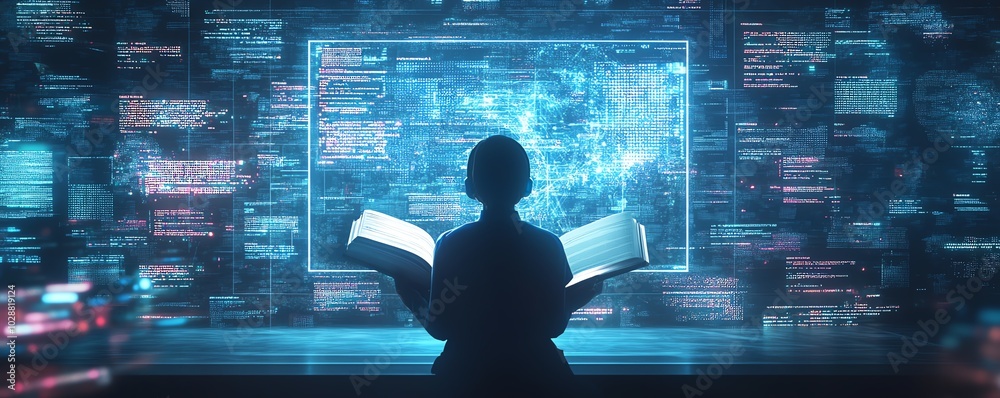 Poster digital learning interface showcasing holographic book projections, an ai tutor avatar, and minimali