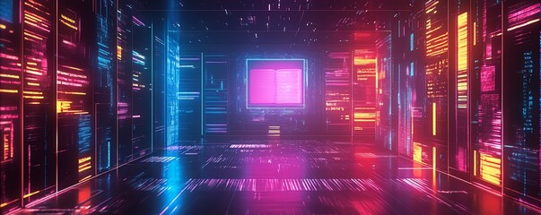 Obraz premium Digital learning interface showcasing holographic book projections, an AI tutor avatar, and minimalist abstract data visualizations for an immersive experience