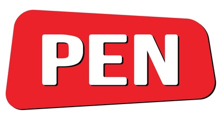 PEN text on red trapeze stamp sign.