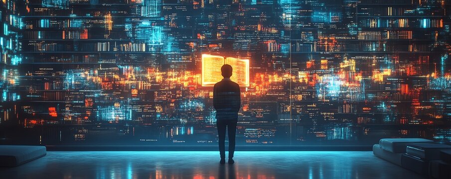 Digital learning interface with holographic book projections, an engaging AI tutor avatar, and minimalist abstract data visualizations for futuristic education