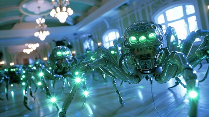 Spider robots with green lights in a room, game scene, Halloween theme