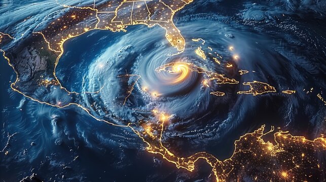 Category 5 hurricane on a map crossing the Atlantic ocean, map outline, laser lighting.