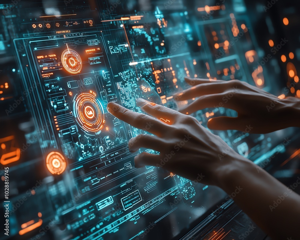Poster Futuristic data visualization environment featuring hands engaging with a holographic interface, glowing nodes representing machine learning and AI technology