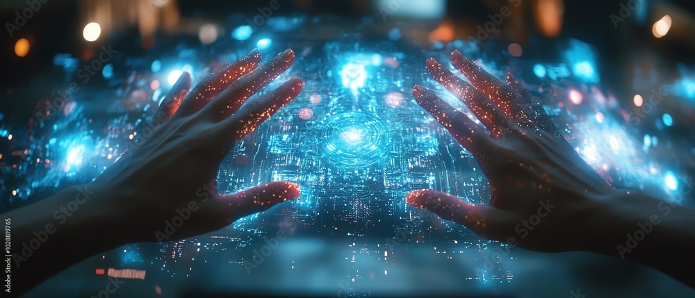Leinwandbilder Futuristic data visualization with hands manipulating a holographic interface, glowing nodes representing AI and machine learning in a sleek hightech environment