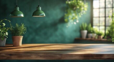 A bright and inviting kitchen with green walls and indoor plants during the afternoon light