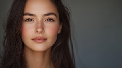 Obraz premium A young woman with long dark hair and natural makeup poses confidently in soft lighting against a neutral background
