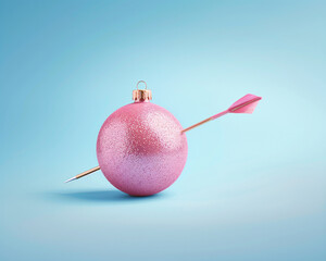Pink color Xmas bauble with an arrow passing through. Blue background.