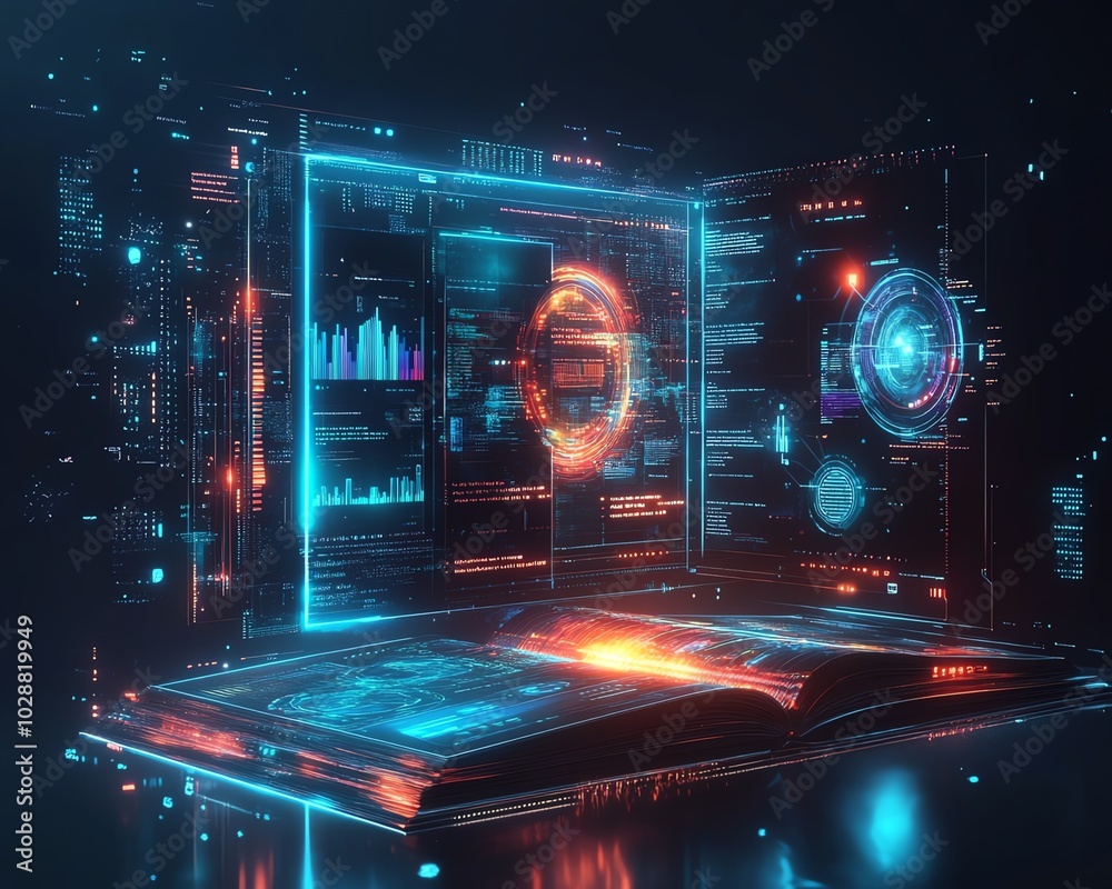 Aufkleber Futuristic digital learning platform featuring holographic books, an AI tutor avatar, and stylish abstract data visualizations in a sleek design