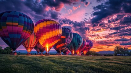 Obraz premium Hot air balloons of various bright colors preparing for an early morning ascent, creating a lively and picturesque moment