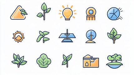 Icons of renewable energy, conservation, and environmental care, illustrating the core principles of sustainable development in a modern, clean design