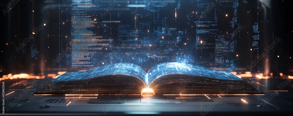 Poster futuristic educational interface with holographic book projections, ai tutor avatar, and elegant abs