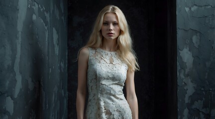 Obraz premium Elegant woman with long straight blonde hair in lace dress standing in dimly lit corridor