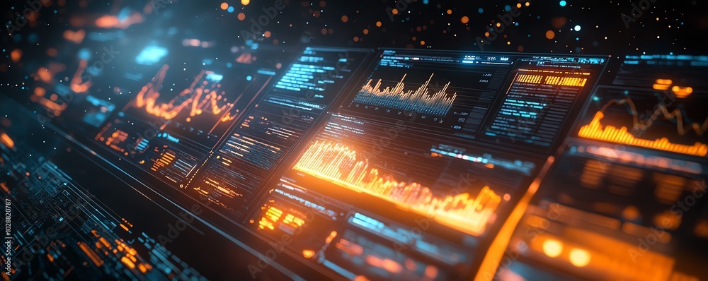 Fototapete Futuristic financial dashboard displaying holographic 3D graphs and charts, dark space background, glowing data streams highlighting economic indicators