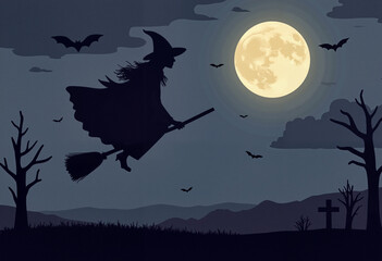 A flying witch on a broomstick in the night sky, silhouetted against a full moon, long flowing garments, a dark cloudy sky with grim shadows, a sinister and magical atmosphere 