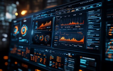 Obraz premium Futuristic financial dashboard showcasing holographic graphs and charts, glowing data streams in dark space, hightech representation of market analytics