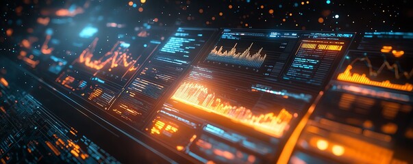 Futuristic financial dashboard displaying holographic 3D graphs and charts, dark space background, glowing data streams highlighting economic indicators