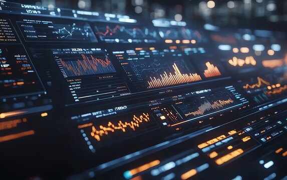 Futuristic financial dashboard showcasing holographic graphs and charts, glowing data streams in dark space, hightech representation of market analytics