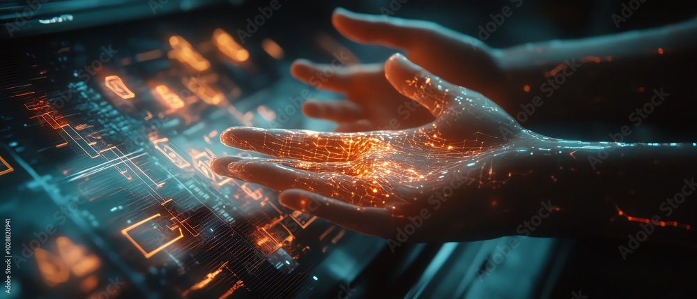Aufkleber Futuristic hands engaging with a holographic data visualization interface, illuminated nodes symbolizing AI and machine learning in a sleek design