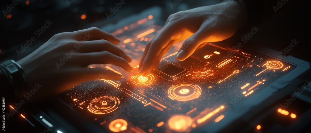 Aufkleber Futuristic hands engaging with a holographic data visualization interface, illuminated nodes symbolizing AI and machine learning in a sleek design