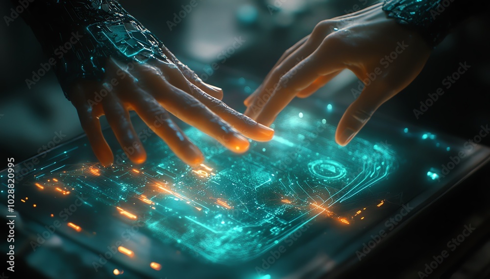Poster Futuristic hands interacting with glowing nodes on a holographic interface, showcasing abstract data visualization of AI and machine learning technology