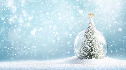 winter new year light blue snow background with christmas tree toy, copy space