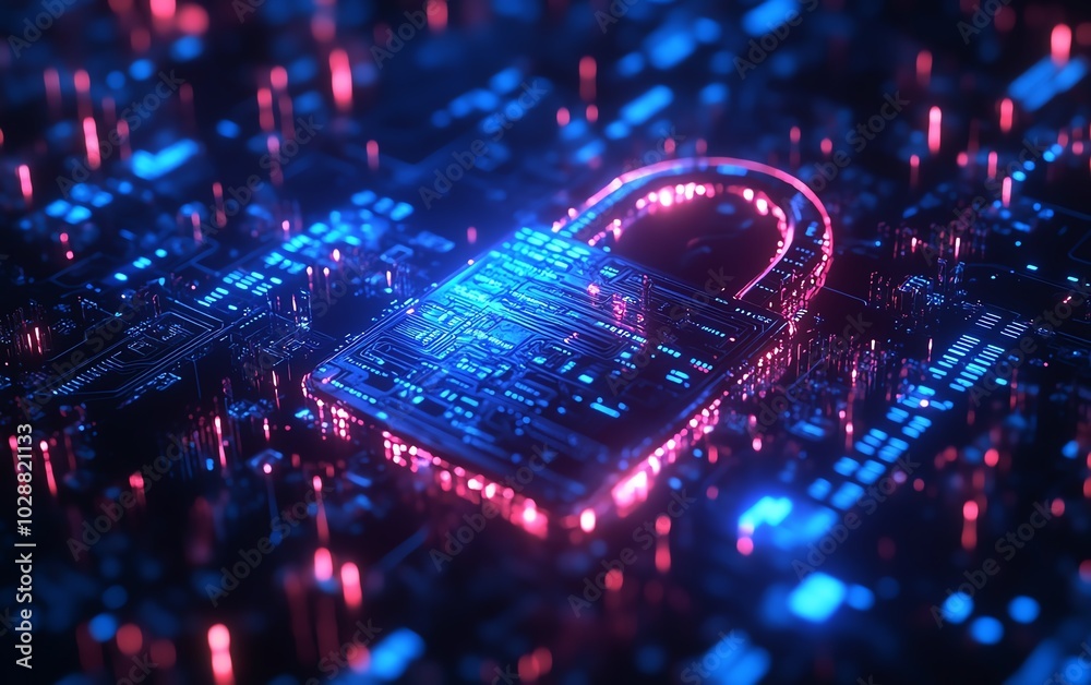 Poster Futuristic padlock illuminated by blue circuits, dark background with flowing binary code, showcasing cybersecurity and data protection technology