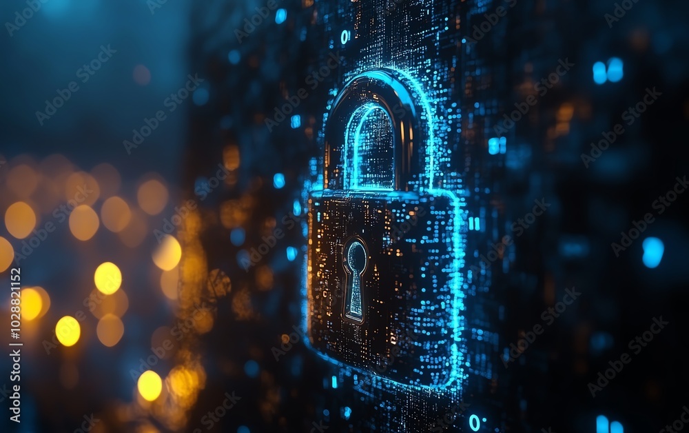 Poster Futuristic padlock illuminated by blue circuits, dark background with flowing binary code, showcasing cybersecurity and data protection technology