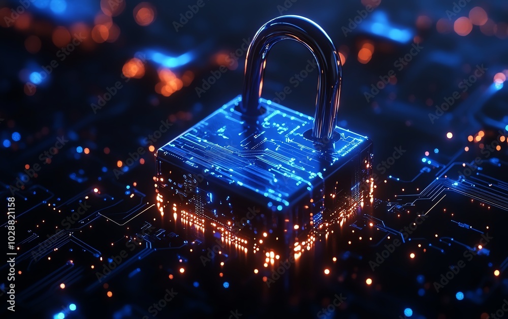 Leinwandbilder Futuristic padlock illuminated by blue circuits, dark background with flowing binary code, showcasing cybersecurity and data protection technology