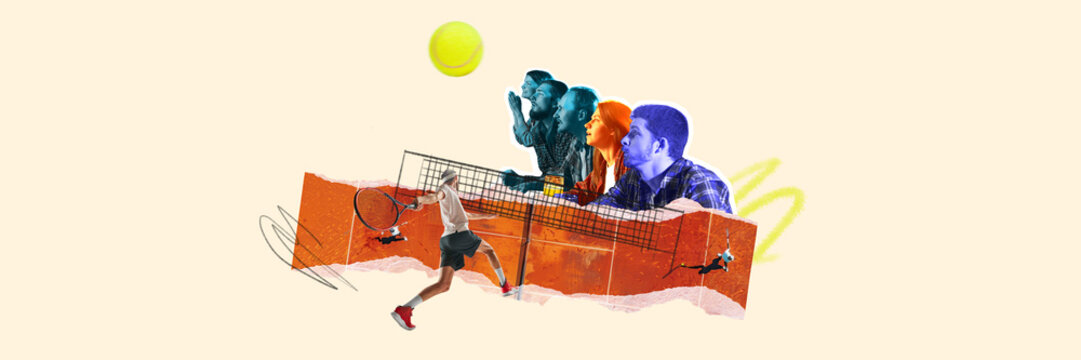 Group of people watching tennis game with focus, supporting favorite player, man in motion with racket winning match. Contemporary art collage. Concept of sport, game, supporters, event, tournament