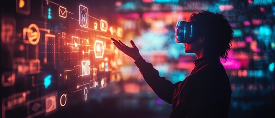 Futuristic virtual space with holographic social media icons, person silhouettes engaging with bright network connections, illustrating digital marketing