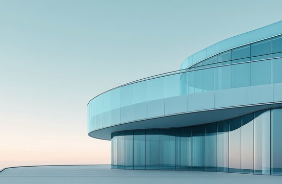 Modern glass building with curved design overlooking a clear blue sky in an urban setting