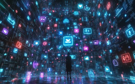 Futuristic virtual space filled with floating holographic social media icons, person silhouettes engaging with glowing connections, representing digital marketing