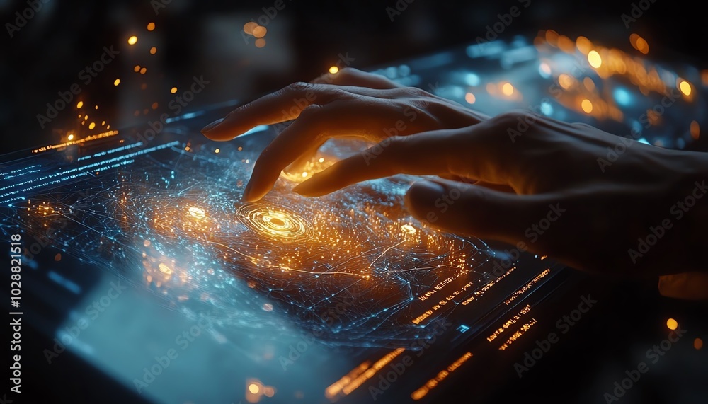 Poster Hands interacting with a holographic interface in a futuristic data visualization setting, showcasing glowing nodes and abstract representations of AI and machine learning