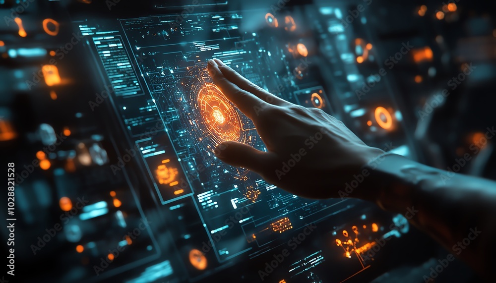 Leinwandbilder Hands interacting with a holographic interface in a futuristic data visualization setting, showcasing glowing nodes and abstract representations of AI and machine learning