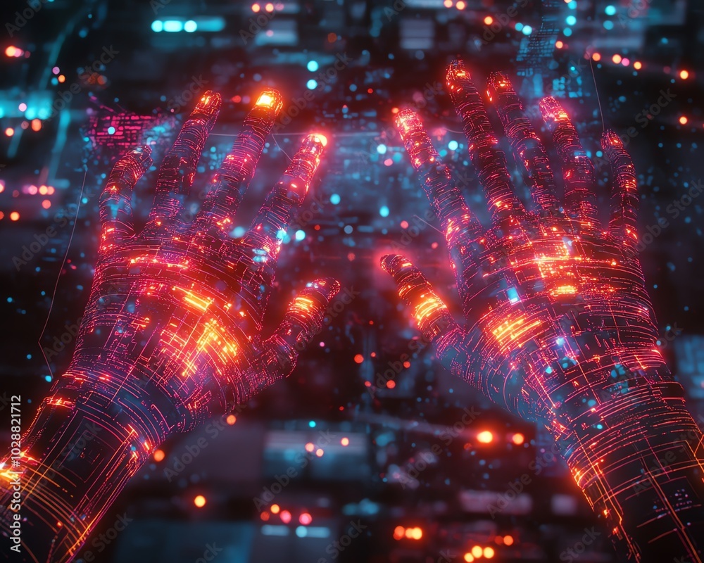 Poster Hightech environment featuring hands manipulating a holographic interface, glowing nodes, and abstract data visualizations of AI and machine learning