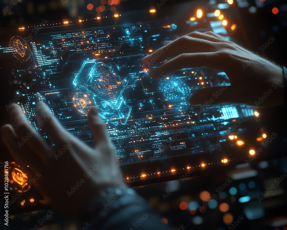 Aufkleber Hightech environment featuring hands manipulating a holographic interface, glowing nodes, and abstract data visualizations of AI and machine learning