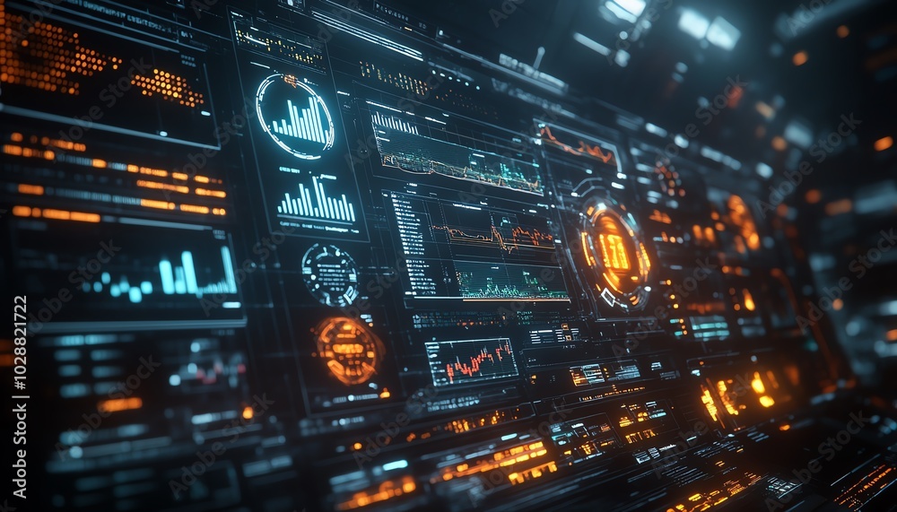 Poster Hightech financial dashboard with floating holographic charts and graphs, glowing data streams in dark space, representing global economic dynamics