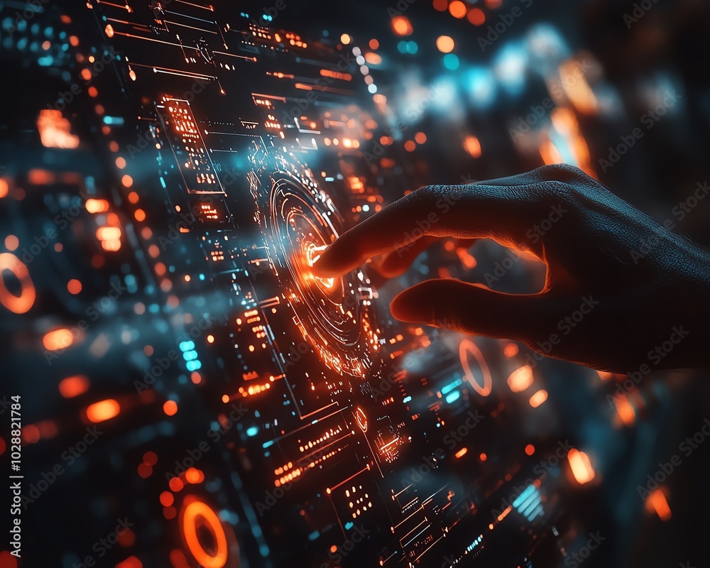 Leinwandbilder Hightech scene with hands controlling a holographic interface, glowing nodes symbolizing abstract AI and machine learning visualizations in a sleek design