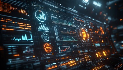 Hightech financial dashboard with floating holographic charts and graphs, glowing data streams in dark space, representing global economic dynamics