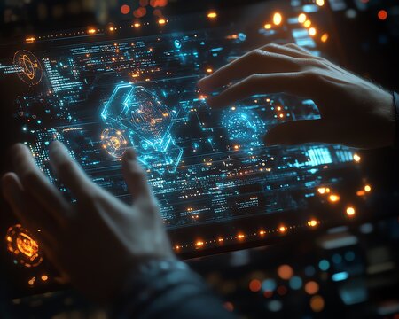 Hightech environment featuring hands manipulating a holographic interface, glowing nodes, and abstract data visualizations of AI and machine learning