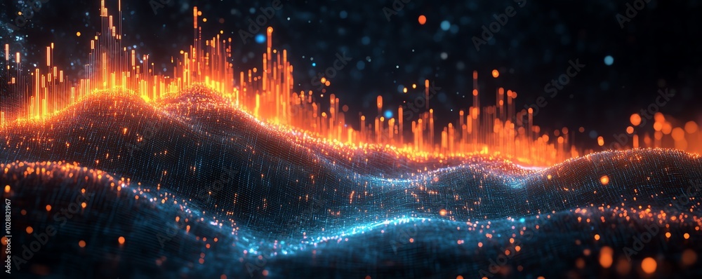 Aufkleber Holographic 3D financial visualization with charts and graphs, dark space backdrop, radiant data streams and market indicators for global economics