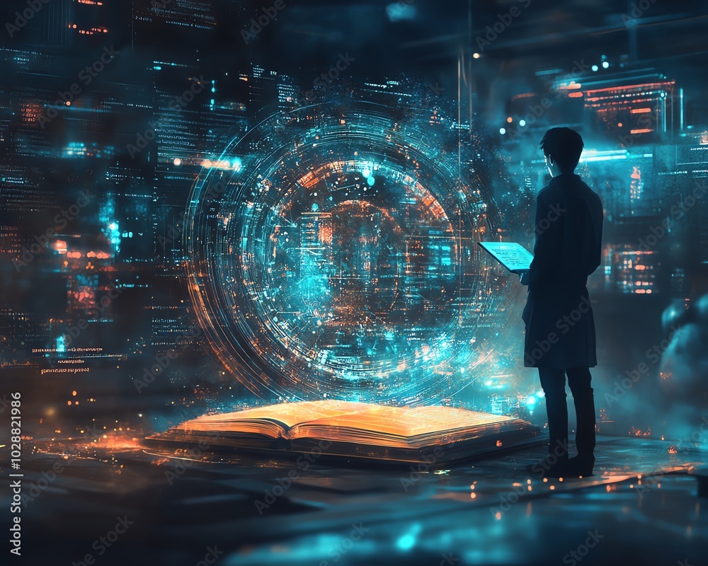 Poster holographic book projections in a futuristic digital learning environment, with an ai tutor avatar a