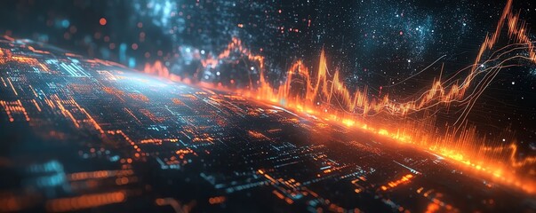 Holographic 3D financial visualization with charts and graphs, dark space backdrop, radiant data streams and market indicators for global economics